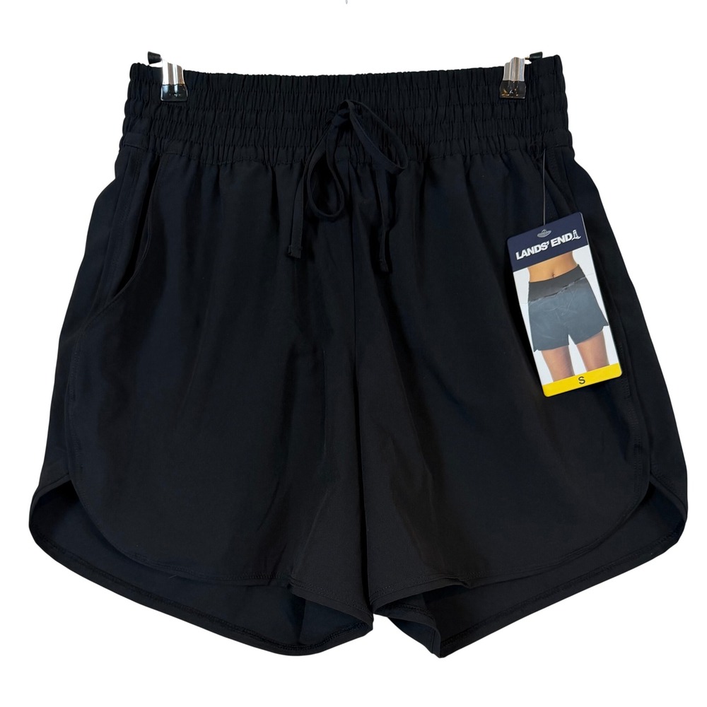NWT Lands End Womens Black Athletic Shorts Smocked Waist UPF 50 Quick Dry •S•